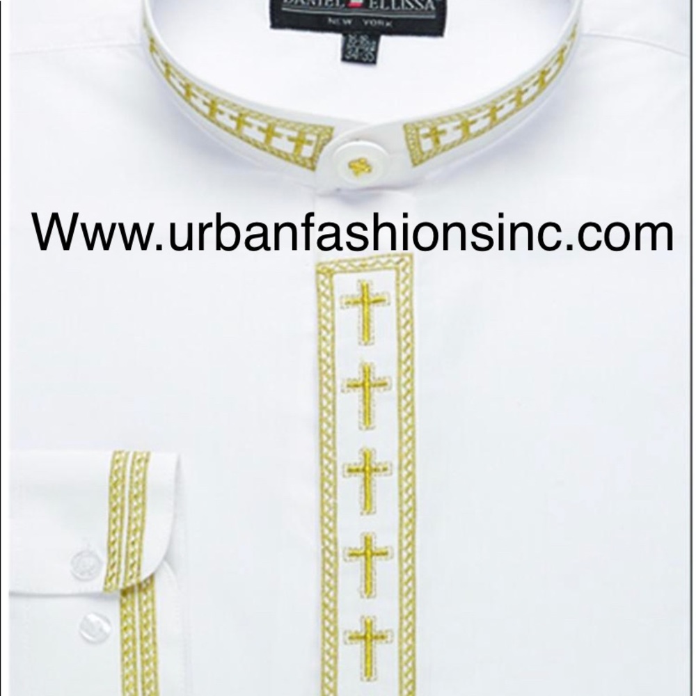 Banded clergy shirt with cross embroidery